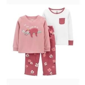 CARTERS Girls 3-Piece Sleep Set pink Sloth Long Sleeve fleece pijamas set size 6